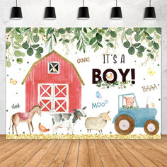 there is a barn with farm animals on it and the words, it's a boy