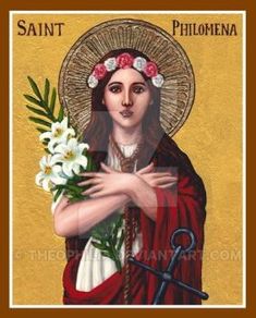 an image of saint phloomena with flowers in her hand and the cross