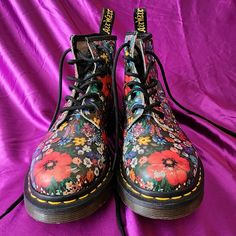 Dr. Martens Combat Boots 5 Red Flowers Floral Wanderlust 1460 Lace Up Womens. Lightly Worn With Some Scratches/Scuffs On The Floral Pattern, As Pictured. Some Wear On The Sole's Heel. Multicolor Floral Print Boots With Round Toe, Spring Boots With Red Sole And Round Toe, Dr Martens Combat Boots, Shoes Dr Martens, Dr Martens Shoes, Martens Shoes, Moto Boots, Red Flowers, Combat Boots