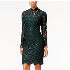 New Lace Dress With Tag Hidden Back Zipper With Hook-And-Eye Closure Hits Above Knee Illusion Lace Mock Turtleneck, Sweetheart At Bust; Sheath Silhouette Long Illusion Lace Sleeves Allover Floral Lace Scalloped Hem Polyester/Cotton/Spandex; Lining: Polyester Elegant Green Holiday Midi Dress, Knee-length Lace Dress For Fall Formal Events, Fall Cocktail Lace Dress Fitted, Fitted Lace Dress For Fall Cocktail, Fitted Lace Dress For Fall Cocktail Events, Fitted Lace Cocktail Dress For Fall, Chic Lace Dress For Formal Fall Occasions, Chic Lace Dress For Formal Fall Events, Chic Lace Dress For Fall Formal Occasions