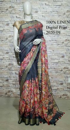 Digital printed Linen sarees are in trend.This handwoven digital printed linen saree give you a cool look.The floral design in the saree is so attractive that you are going to love it.Linen sarees are breathable,light weight and easy to drape. Fabric: Linen by linen  Thread count:100 count Saree Color:Black Blouse piece:Running(Blouse shown in the picture for advertising purpose only) Occasion: Casual/Party wear Saree length:5.50 mtr Blouse:80 cm Custom Stitching: Available upon request Saree Em Unstitched Black Saree With Printed Border, Unstitched Black Dupatta With Digital Print, Black Saree With Printed Border Unstitched, Black Saree With Printed Border Fabric Only, Traditional Black Floral Print Dupatta, Unstitched Black Saree With Kalamkari Print, Bohemian Black Saree With Kalamkari Print, Black Bohemian Saree, Black Kalamkari Print Saree