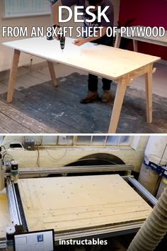 two pictures showing how to make a desk from an 8x4 sheet of plywood