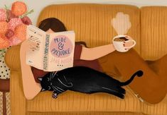 a painting of a woman laying on a couch reading a book with a cat next to her