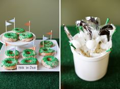 there are donuts with green frosting and golf flags on them in a cup