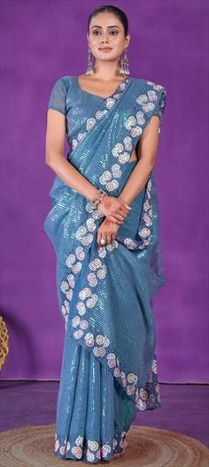 Blue color Saree in Shimmer fabric with Embroidered, Sequence, Thread work Blue Sequined Saree For Wedding, Blue Sequined Wedding Saree, Blue Saree With Floral Embroidery For Reception, Blue Floral Embroidered Saree For Reception, Blue Embroidered Saree Fabric For Party, Blue Embroidered Fabric Saree For Party, Blue Embroidered Saree For Party, Festive Blue Saree With Sequins, Party Blue Embroidered Saree