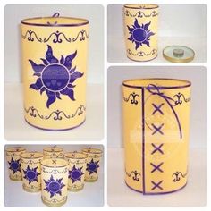 four different pictures of yellow and purple tins with blue designs on the sides, one is empty