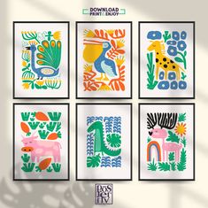 four framed art prints with animals, plants and flowers in different colors on the wall