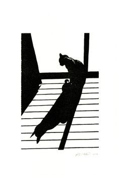 a black and white drawing of a person on a roof with the shadow of a cat