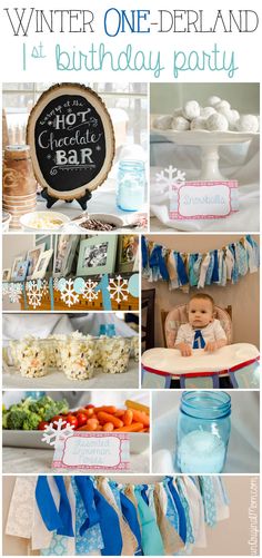 a baby's first birthday party with blue and white decorations, snowflakes, cake