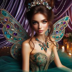 a beautiful young woman dressed as a fairy with wings and jewels on her head sitting in front of a purple curtain