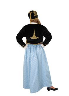 This outfit is imported from Greece and made by the premiere manufacturer of traditional Greek costumes. This traditional dancing costume is a favorite amongst dancing troupes and churches. This outfit ships direct from Greece. Please allow 1-2 weeks for arrival of outfit. This woman's costume consists of vest (kontogouni) with embroidery on front, back and on sleeves, fez and sash with embroidery, shirt and brocade skirt.(Note: The necklace is sold separately. The Amalia dress is the traditiona Traditional Fitted Costume For Costume Party, Traditional Fitted Long Sleeve Costumes, Embroidery Woman, Macedonian Folk Costume, Brocade Skirt, Woman Costume, Greek Costume, Embroidery Shirt, Women's Costumes