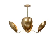 a gold colored chandelier with three leaves hanging from it's center point