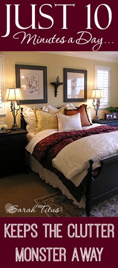 a bed sitting in the middle of a bedroom next to two lamps