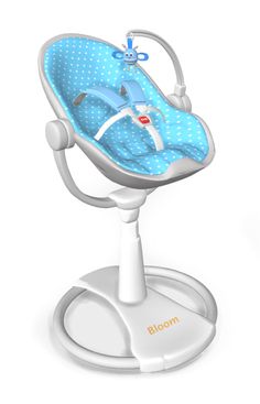 a blue and white baby's high chair on a stand