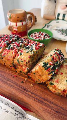 slices of christmas cake on a wooden cutting board