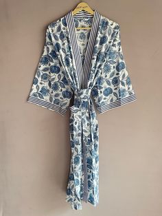 Cotton Kimono Made From Hand Block Printed Fabric.It Is Hand Printed Fabric Using Natural Dyes. Item - Indian Handmade Women Bathrobe Kimono Dress , Gown , Beach Cover Up , Kaftan Material - 100% Cotton Size -One Size US Women's Letter Product: 1 PC Floral Printed Cotton Kimono Pattern : Floral Print Measurements Or Sizes: Bust - 46 Inch - 120 Cm  Length - 39 Inch - 100 Cm Sleeves Length - 14 Inch/ 35 Cm Size: Free Size Note: The Color And Brightness Of Actual Product May Vary Due To Digital Pho White Cotton Sleepwear For Vacation, Printed White Sleepwear For Vacation, Printed White Vacation Sleepwear, White Printed Sleepwear For Vacation, White Printed Kimono For Loungewear, Blue Cotton Sleep Kimono, Cotton Pajama Set Women, Cotton Bathrobe, Cotton Dressing Gown