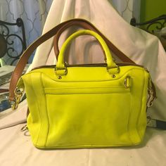 Rebecca Minkoff Mab Mini Brown Leather Satchel Handbag Large. Manufacturer Color: Almond/Neon Yellow Retail: $395.00 Condition: New With Some Discoloration See Pictures It Can Be Corrected By An Expert. Style Type: Satchel Handle Type: Detachable Bag Height (Inches): 10 Inches Bag Width (Inches): 13 Inches Bag Depth (Inches): 6 1/2 Inches Strap Drop (Inches): 15 Inches Material: 100% Genuine Leather Fabric Type: Leather Specialty: Colorblock Removable Shoulder Strap Included Designer Yellow Satchel With Double Handle, Designer Yellow Satchel With Detachable Strap, Designer Yellow Satchel With Handles, Designer Yellow Leather Bags, Designer Yellow Satchel For Travel, Designer Yellow Leather Satchel, Modern Yellow Satchel With Gold-tone Hardware, Designer Shoulder Bag With Leather Handles In Yellow, Designer Yellow Shoulder Bag With Leather Handles