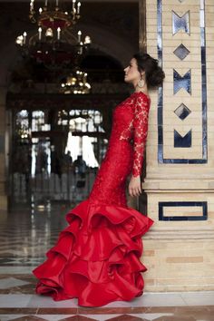 Red Lace Long Sleeves Mermaid Evening Gown with Ruffles Skirt Bride Dress Backless, Gown With Ruffles, Mermaid Bride Dresses, Ruffles Skirt, Dress Display, Mermaid Evening Gown, Red Wedding Dresses, Red Evening Dress, فستان سهرة