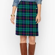 Talbots Sz 10 Wool Blend Tartan Plaid Skirt Navy Blue Green Brand New With Tags A-Line Hits Above Knee Invisible Side Zip Closure Lined Material: 48% Wool, 27% Polyester, 25% Viscose; Lining: 100% Polyester Care: Dry Clean Gw1104 Tropical Print Skirt, Tartan Fashion, Skirt Outfits Fall, Floral Pleated Skirt, Cotton Midi Skirt, Plaid Pencil Skirt, Knit Maxi Skirt, Tweed Pencil Skirt, Wool Mini Skirt