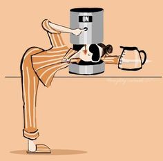 a woman in striped pants leaning on a coffee pot and drinking from a water can