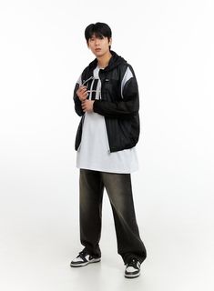 Product Detail Style : Street Occasion : Back to school Type : Men Detail : Zip up, Hood, See-through Material : Polyester, Mesh Sleeve : Sleeveless Neck : Hood Fit : Loose fit Polyester100 Color : Black, Blue, Gray Made in Korea Model Size Model is wearing size M/L and the color Black. Height : 6'0" | 184cm / Top : L / Bottom : XL (32 inch) .prddescription table, .prddescription td, .prddescription th { border : 1px solid black; border-collapse : collapse; padding: 10px; } Size(Inch) Size Shoul Casual Black Outerwear With Adjustable Hood, Casual Fall Windbreaker For College, Oversized Hooded Casual Windbreaker, Urban Style College Windbreaker With Pockets, Casual Black Hooded Track Jacket, Casual Hoodie Track Jacket For Outdoor, Casual Outdoor Track Jacket Hoodie, Casual Hooded Outerwear For Streetwear, Casual Hoodie Track Jacket With Pockets