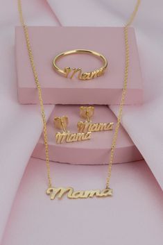 Mama Mothers Day Gift Jewelry Set, 14k Solid Gold Necklace Ring and Earrings Set, Christmas Gift for Mom * Mom Birthday Gift Mother's Day Gift Collection Products are perfect choice for a Christmas, Mother's Day, birthday, wedding, anniversary, gift. It's a good way to show appreciation to your mom, wife, or grandmother Also, a special treat just for yourself. FEATURES * Made to order * Solid Gold (real gold, not gold plated or gold filled material) * Karat: 14 K (585) * Available Gold Color: Ye Classic Gold Jewelry Set With Matching Earrings, Gold Plated Jewelry Sets For Mother's Day, Gold-plated Jewelry Sets For Mother's Day, White Gold Jewelry For Mother's Day Birthday, Elegant White Gold Jewelry For Christmas, Anniversary Gold Jewelry Sets With Matching Earrings, Valentine's Day 14k Gold Hallmarked Jewelry, Gold Jewelry Sets With Matching Earrings As Gift, Christmas Anniversary Jewelry With Matching Earrings