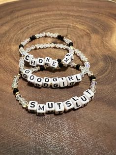 Your favorite bookish sayings, but as a bracelet.  Customized options available. Sub Bracelet, Group Bracelets Ideas, Friendship Bracelets Beads Funny, Bracelet Sayings Words, Sayings To Put On Bracelets, Matching Word Bracelets, Things To Write On Bracelets, Duo Bracelets, Bracelets With Words