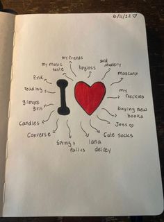 an open notebook with a drawing of a heart and the words i love on it