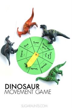 dinosaur movement game for kids to play on the table with dinosaurs around it and text overlay that reads, dinosaur movement game