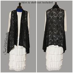 "The \"June\" lace cardi vest  is the ULTIMATE in layering fashion! Made of soft stretch lace, and super cute,  you'll love how versatile this vest is!  These vests are handmade by me and come in 2 sizes....ladies & plus size. PLEASE KEEP IN MIND THAT, DUE TO THE FACT THAT THIS ITEM IS MADE TO ORDER, ALL LACE PICTURED MAY NOT BE AVAILABLE.  CONTACT ME PRIOR TO ORDERING AND I WILL WORK TO GET YOU THAT PERFECT VEST! I will be adding pictures of this vest in different lace as I make them available.   If you have a specific color that you don't see here, just ask and I'll see if I can get it for you.   My current turnaround time is 4 weeks to ship.  I ship with USPS shipping.  If you need your item quicker, I have a \"Rush Order\" listing that you can purchase and it moves your order to the fr Layering Fashion, Lace Vest, Layered Fashion, Plus Size Black, Stretch Lace, Need You, Black Lace, Rush, Layering