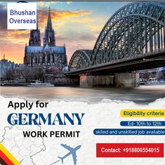 an advertisement for a work permit in germany with a bridge over the river and cathedrals behind it