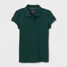 This Short-Sleeve Interlock Uniform Polo Shirt from Cat and Jack™ makes a versatile and stylish addition to your kid's wardrobe. Made from a soft cotton blend for all-day comfort, this short-sleeve polo shirt features a below-waist length and a collar with a three-button placket for timeless style. Designed in a dark green hue, it pairs well with a variety of shorts, pants and skirts, allowing them to create lots of fun, unique outfits. Cat and Jack™: Classics with an imagination of their own. S Fitted Casual Polo Shirt For School, Short Sleeve Solid Color T-shirt For School, Short Sleeve T-shirt For School, Solid Color Short Sleeve T-shirt For School, Classic Fitted School T-shirt, Casual Cotton Polo Shirt For School, Casual Cotton School Polo Shirt, Green Short Sleeve School Shirt, Basic Short Sleeve Polo Shirt For School