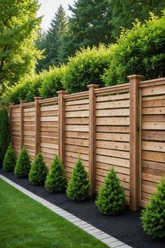 a wooden fence surrounded by green bushes