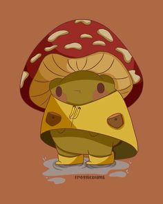 a cartoon character holding a piece of cheese in front of a mushroom on a brown background