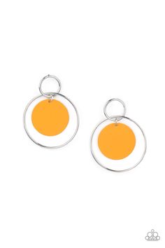 A Marigold disc swings from two interlocking silver hoops, creating a flirtatious pop of color. Earring attaches to a standard post fitting. Sold as one pair of post earrings. Orange Boxes, Orange Earrings, Rock Stars, Paparazzi Accessories, Matching Accessories, Paparazzi Jewelry, Affordable Jewelry, Silver Accents, Silver Hoops