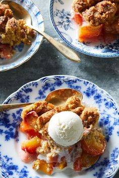 two plates filled with dessert and ice cream