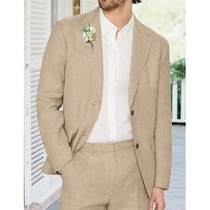 Category:Linen Suits; Embellishment:Pocket; Season:Spring, Fall, Winter, Summer; Fabric:Cotton,Linen Blended; Size Suggestion:Please refer to the size chart to place an order; Front Closure:Single-Breasted Buttons; Style:Formal,Fashion; Includes:Pants,Jacket; Occasion:Party,Linen,Wedding; Fit Type:Standard Fit; Jacket Buttons:Single Breasted Two-buttons; Jacket Vents:Single (Center); Jacket Pockets:Straight Flapped; Pattern:Solid Colored; Neckline:Notch Lapel; Listing Date:07/26/2024; Production mode:External procurement; Number of Pieces:2 Piece; Design:Classic Mens Linen Outfit, Linen Wedding Suit, Linen Outfit, Linen Wedding, Suits Wedding, Fashion Formal, Beige Suits, Formal Fashion, Linen Suits