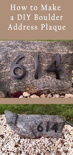 the number four is displayed in front of a house address sign with rocks and gravel