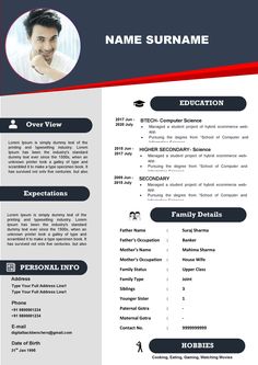 a professional resume template with red and blue accents on the front, black and white background