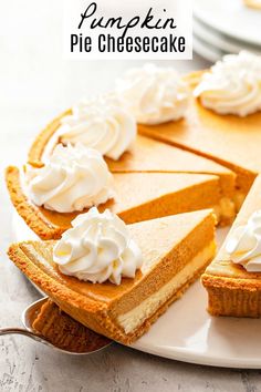 pumpkin pie cheesecake with whipped cream on top is cut into slices and sits on a white plate