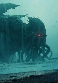 the giant octopus is surrounded by smaller squid like creatures, with red lights on their eyes