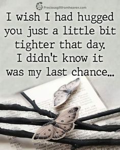 two butterflies sitting on top of an open book with the caption i wish i had hugged you just a little bit higher that day, i didn't know it was my last chance