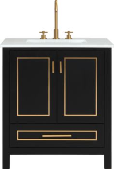 a black and gold bathroom vanity with white counter top, two faucets on each side