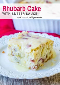 a piece of rhubarb cake with butter sauce on a white plate next to a casserole dish