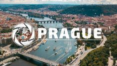 an aerial view of prague with the river and bridge in the foreground that reads prague