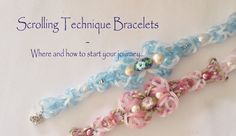 there are three bracelets with pearls and beads on the same stranding, one is blue and pink