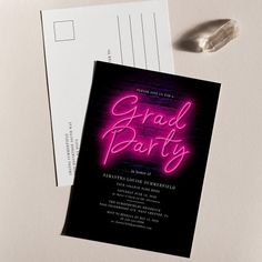 a black and pink party card with the word grad party written in neon lights