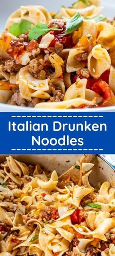 two pictures with different types of pasta in them and the words italian drunken noodles