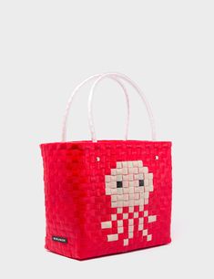 Medium Red Handwoven Market Bag - Octopus Design Red Rectangular Straw Bag For Daily Use, Handmade Red Bucket Straw Bag, Red Basket Straw Bag For Daily Use, Red Rectangular Straw Bag Gift, Handmade Red Straw Bag For Market, Red Bucket Straw Bag For Daily Use, Red Woven Straw Bag For Shopping, Red Woven Straw Bag For Daily Use, Red Rectangular Straw Bag For Market