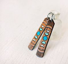 Moon Phases Leather Earrings - Made to Order -Long Tooled Turquoise and Chocolate Leather - Southwes Shoe Repair Shop, Leather Craft Projects, Turquoise And Black, Leather Jewellery, Chocolate Leather, Leather Stamps, Light As A Feather, Leather Ideas, Leather Conditioner